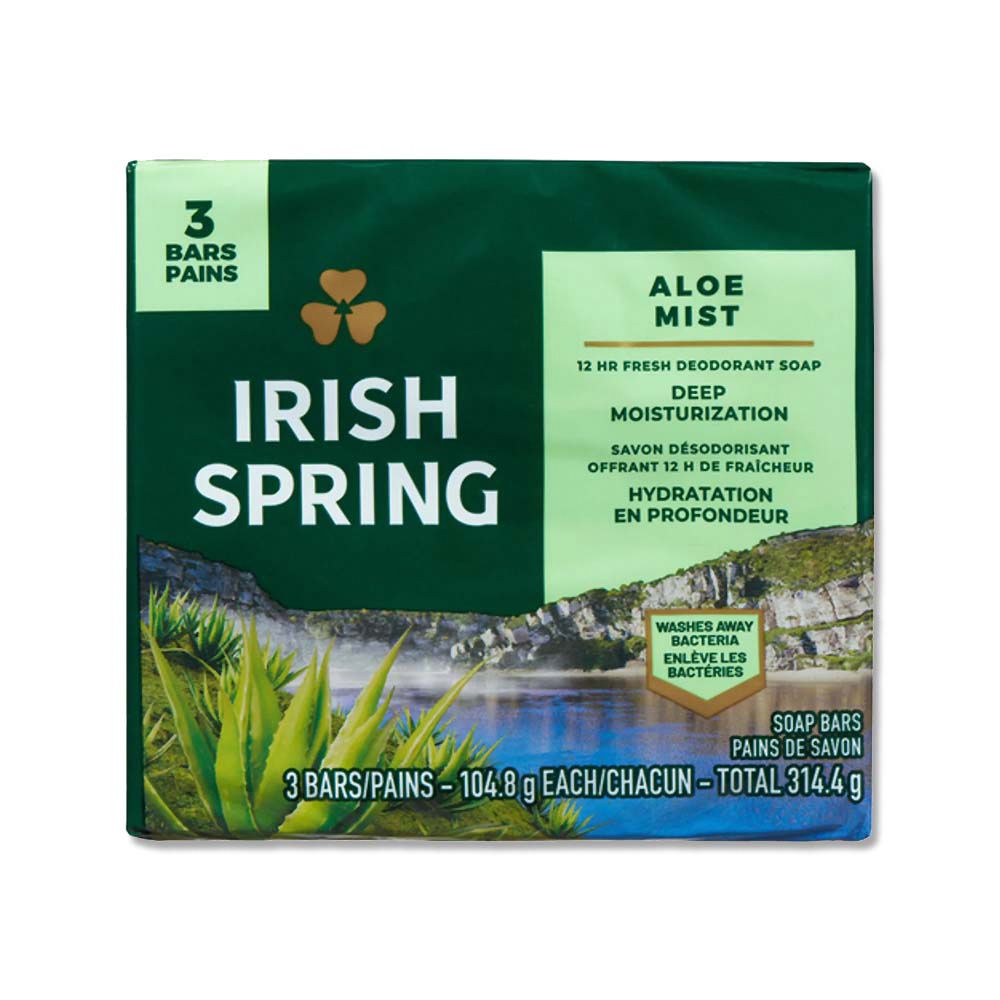  (3顆超值組)美國Irish Spring愛爾蘭之春-約12小時淨味清新潤澤沐浴體香皂-蘆薈淺綠標104.8g/顆