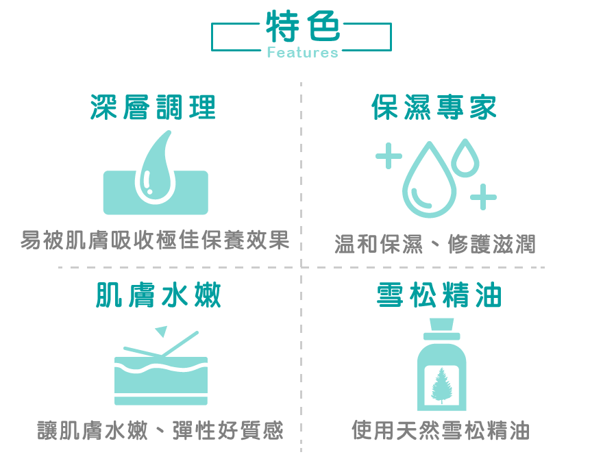 ·特色Features深層調理保濕專家+易被肌膚吸收極佳保養效果溫和保濕、修護滋潤肌膚水嫩雪松精油讓肌膚水嫩、彈性好質感使用天然雪松精油