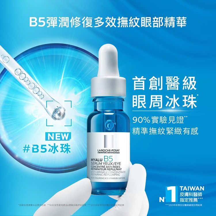 B5彈潤修復多效撫紋眼部精華EW#B5冰珠LA ROCHE-POSAY HYALU B5SERUM YEUX/EYECONCENTRÉ -RIDESREPARATEUR REPULPANTANTI-WRINKLE CONCENTRATEREPAIRING REPLUMPING    首創醫級眼周冰珠90%實驗見證精準撫紋緊緻有感TAIWAN皮膚科N 指定推薦***2019年百醫師結果