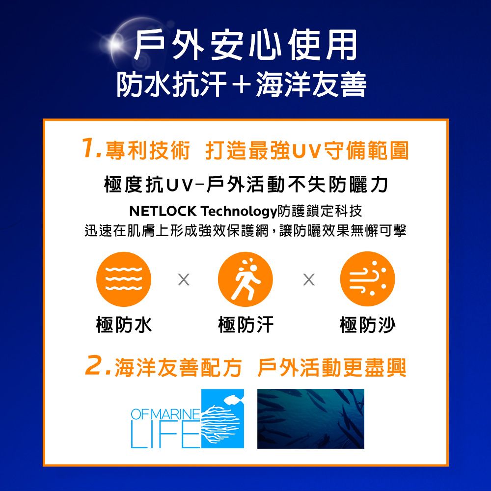安心使用防水抗汗+海洋友善1.專利技術 打造最強守備範圍極度抗UV-戶外活動不失防曬力NETLOCK Technology防護鎖定科技迅速在肌膚上形成強效保護網,讓防曬效果無懈可擊極防水極防汗極防沙2.海洋友善配方 戶外活動更盡興OF MARINELIFE