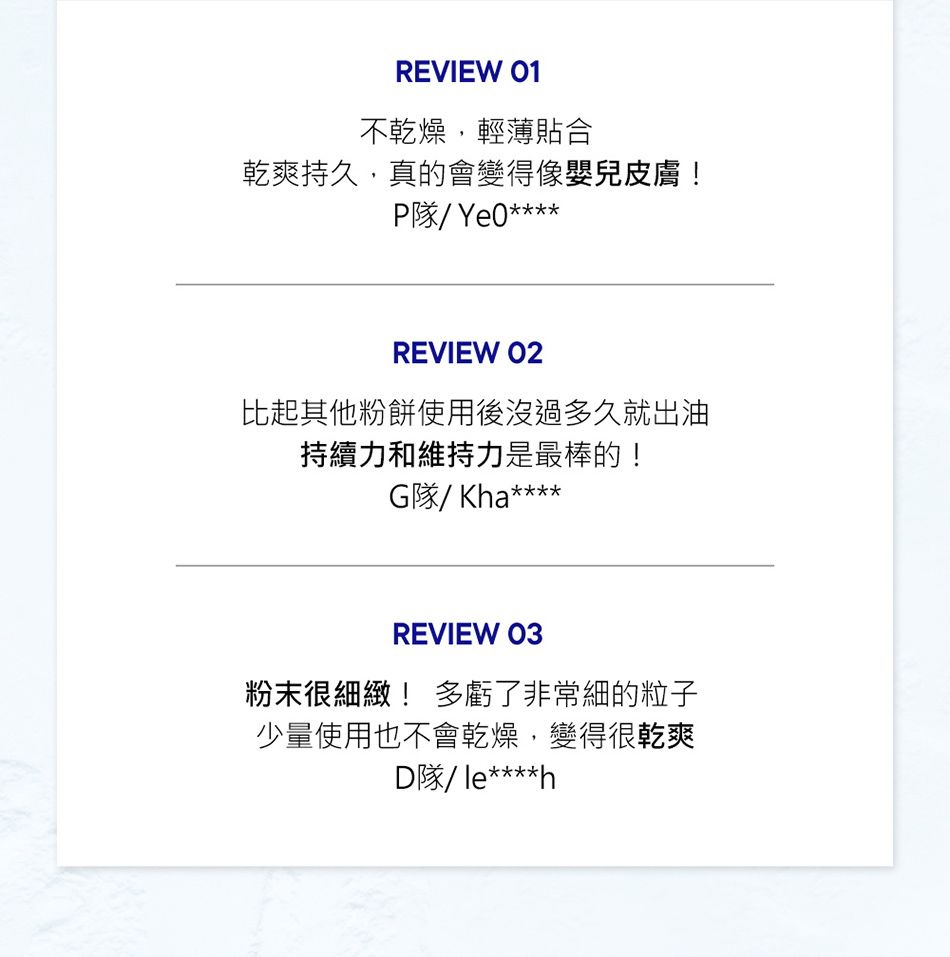 REVIEW 01不乾燥,輕薄貼合乾爽持久,真的會變得像嬰兒皮膚!隊/****REVIEW 02比起其他粉餅使用後沒過多久就出油持續力和維持力是最棒的!G隊/Kha****REVIEW 03粉末很細緻! 多虧了非常細的粒子少量使用也不會乾燥,變得很乾爽D隊/****h