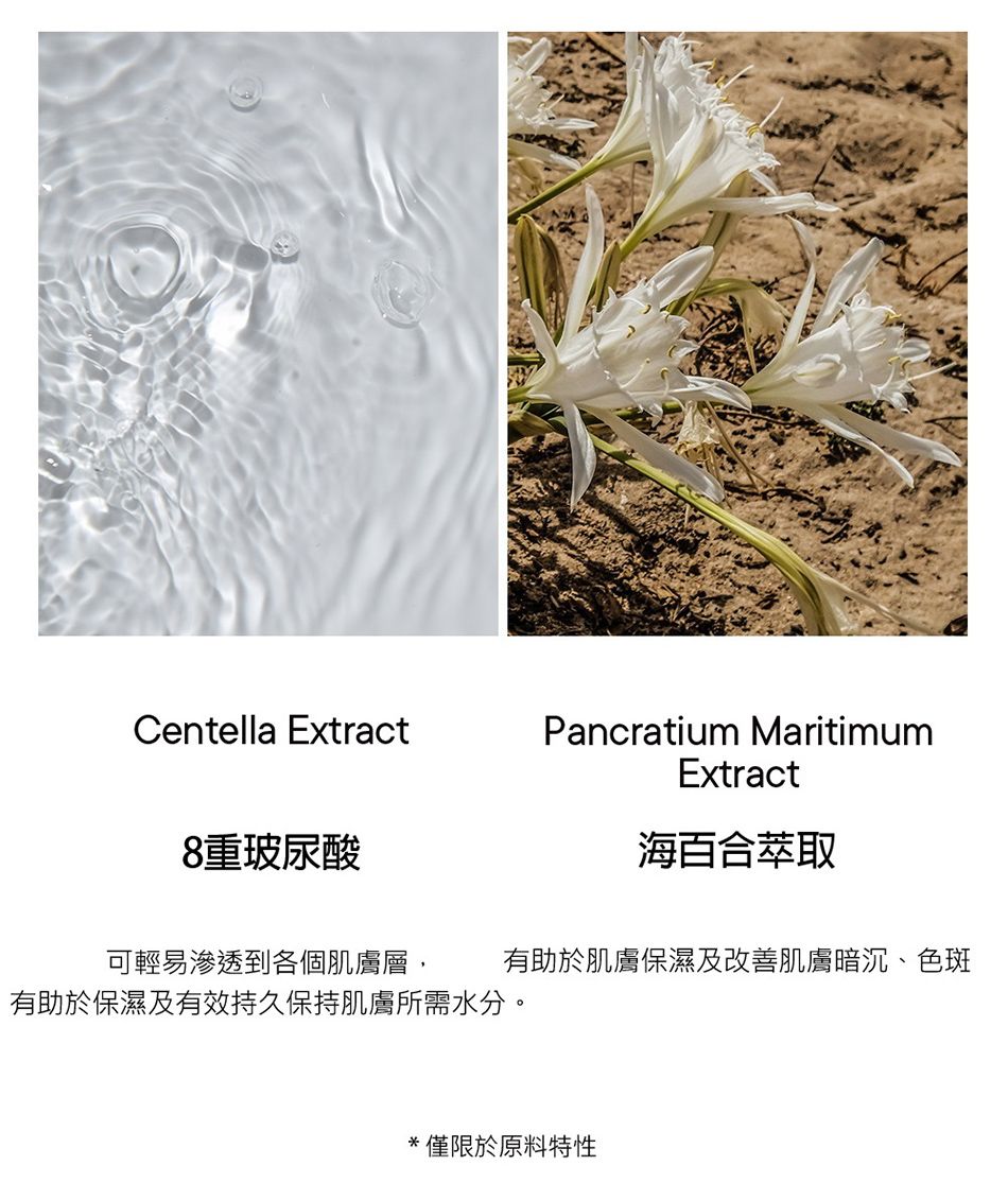 Centella Extract8重玻尿酸Pancratium MaritimumExtract海百合萃取可輕易滲透到各個肌膚層,有助於肌膚保濕及改善肌膚暗沉、色斑有助於保濕及有效持久保持肌膚所需水分。 僅限於原料特性