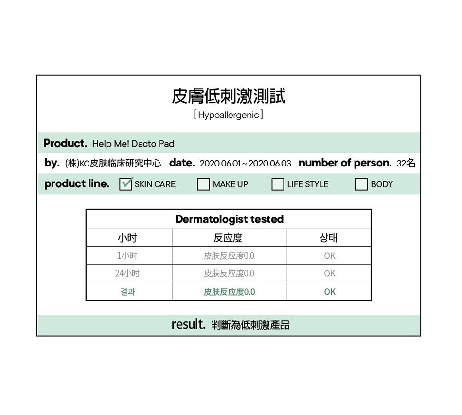 Product. Help Me! Dacto Pad皮膚低刺激測試[Hypoallergenicby.(株)皮肤临床研究中心 date. 2020.06.01~2020.06.03 number of person. 32名product line.  SKIN CARE  MAKE UPLIFE STYLEDermatologist tested小时反应度상태1小时皮肤反应度0.0OK24小时皮肤反应度0.0OK결과皮肤反应度0.0OKresult. 判斷為低刺激產品BODY