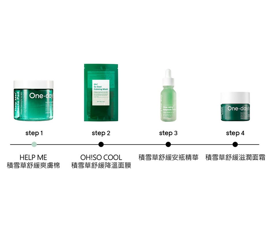 Help Dacto Pad    One-  step 1step 2HELP ME積雪草舒緩爽膚棉OH!SO COOL積雪草舒緩降溫面膜One dayAmpoule step 3One-daysstep 4積雪草舒緩安瓶精華 積雪草舒緩滋潤面霜