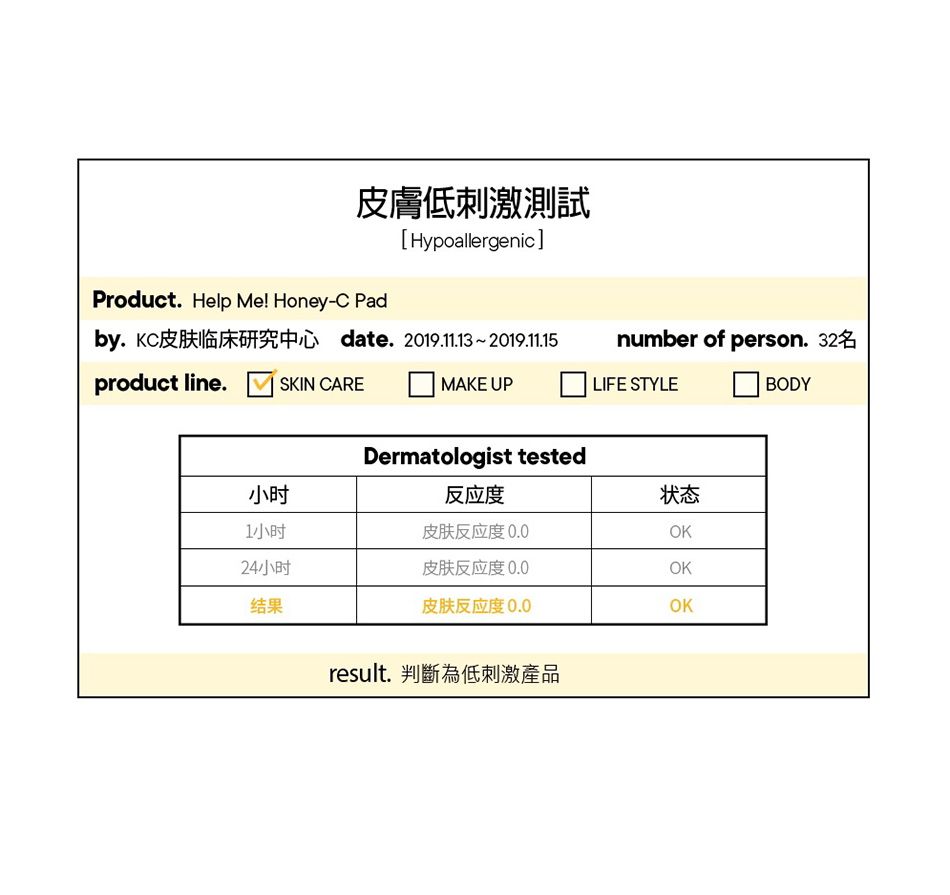 皮膚低刺激測試Product. Help Me! Honey-C Pad[Hypoallergenic]by. 皮肤临床研究中心 date. 209.11.13~2019.11.15product line.SKIN CAREnumber of person.32名MAKE UPLIFE STYLEBODYDermatologist tested小时反应度状态1小时皮肤反应度 0.0OK24小时皮肤反应度0.0OK结果皮肤反应度0.0OKresult. 判斷為低刺激產品