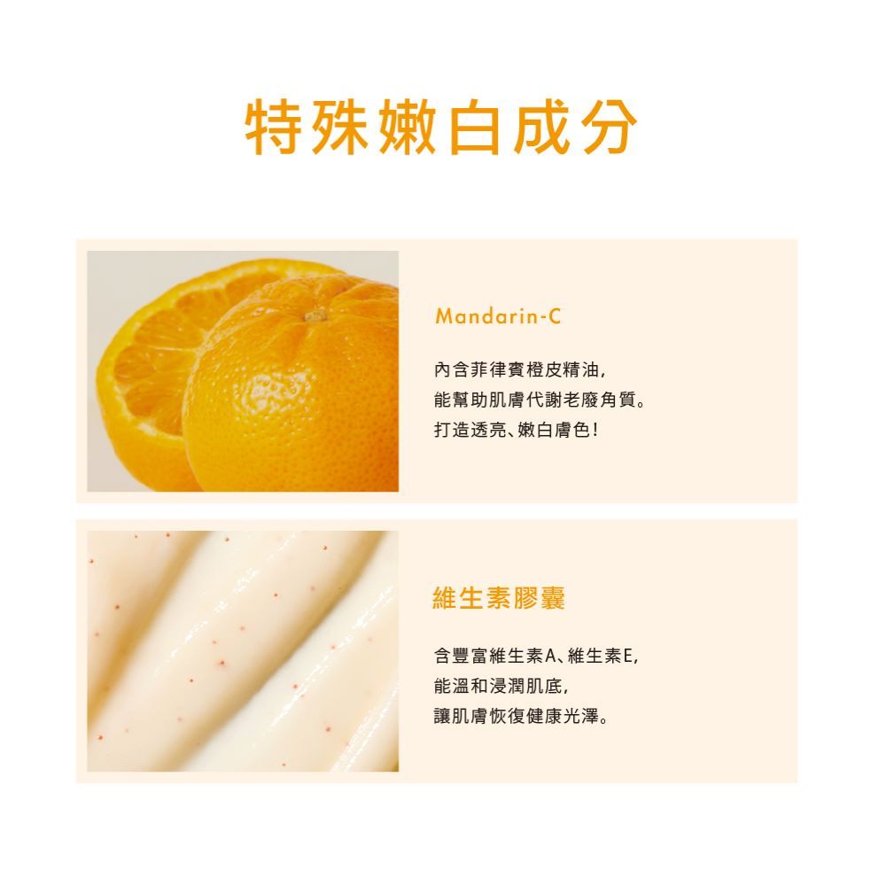 特殊嫩白成分Mandarin-C內含菲律賓橙皮精油能幫助肌膚代謝老廢角質。打造透亮、嫩白膚色!維生素膠囊含豐富維生素A、維生素E,能溫和浸潤肌底,讓肌膚恢復健康光澤。
