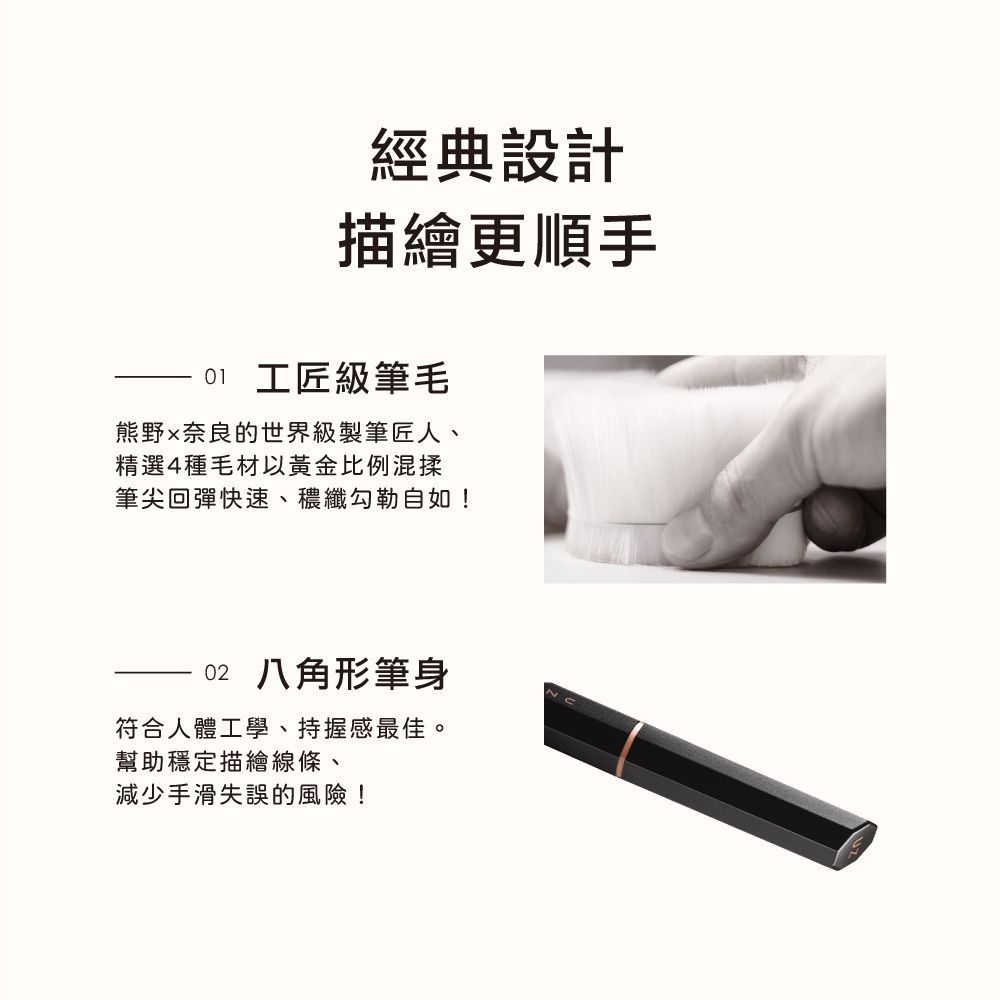 經典設計描繪更順手 工匠級筆毛熊野奈良的世界級製筆匠人、精選4種毛材以黃金比例混揉筆尖回彈快速、穠纖勾勒自如!02 八角形筆身符合人體工學、持握感最佳。幫助穩定描繪線條、減少手滑失誤的風險!