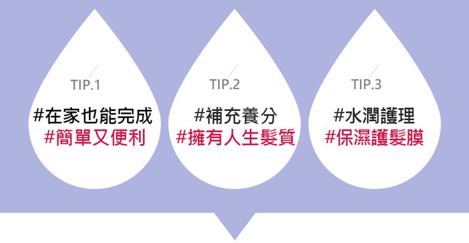 TIP.1TIP.2TIP.3#在家也能完成#補充養分#水潤護理#簡單又便利#擁有人生髮質#保濕護髮膜