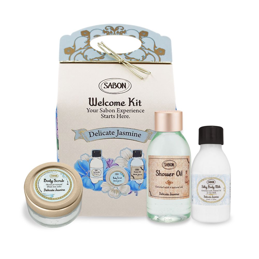 SABON 茉莉花語明星三部曲推薦組[沐浴油100ml+磨砂膏60g+絲綢身體乳液50ml]-國際航空版