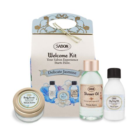 SABON 茉莉花語明星三部曲推薦組[沐浴油100ml+磨砂膏60g+絲綢身體乳液50ml]-國際航空版