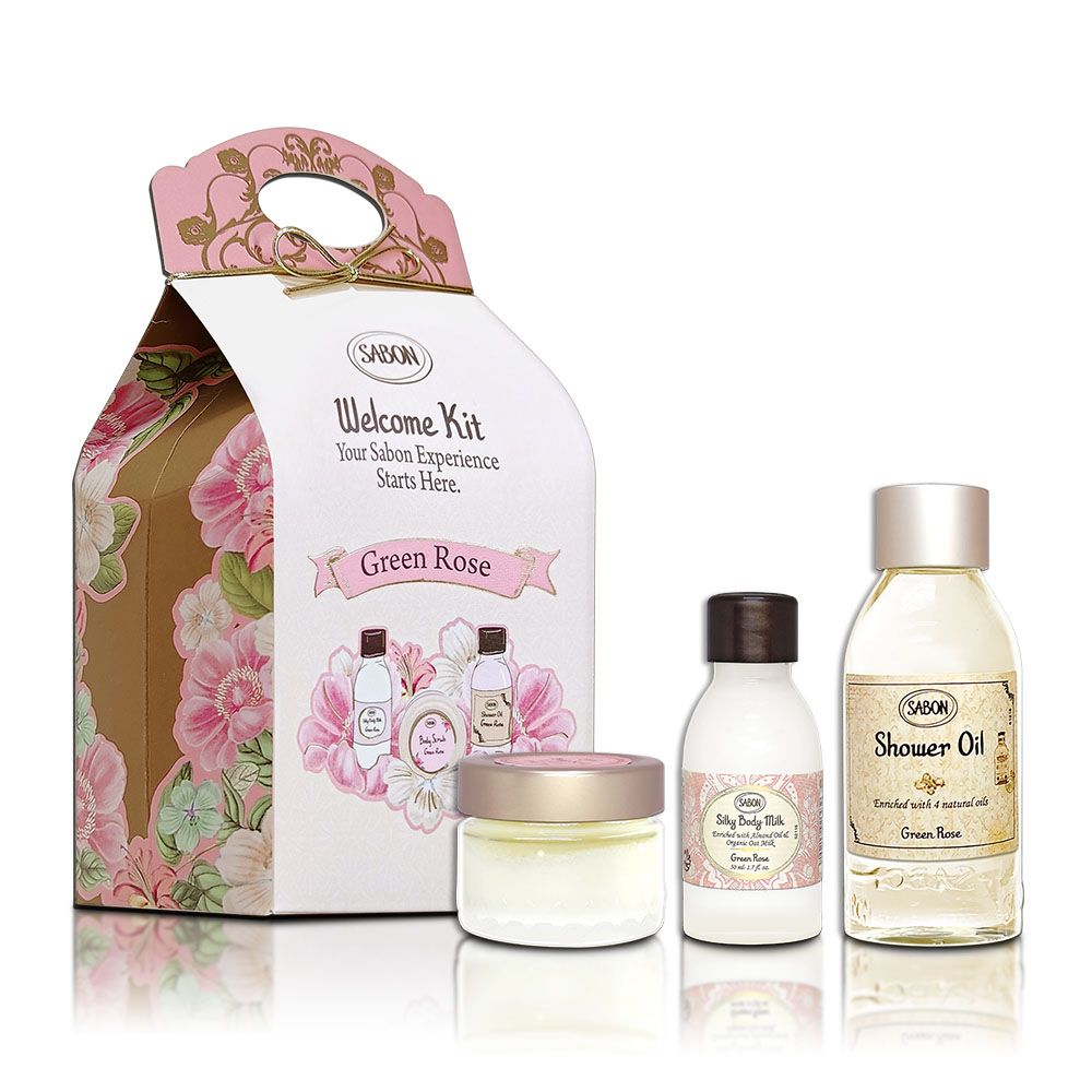 Welcome KitYour Sabon ExperienceStarts Here.Green SABNSilky Body Milk    OGreen RoseSABON OilEnriched with 4 natural Green Rose