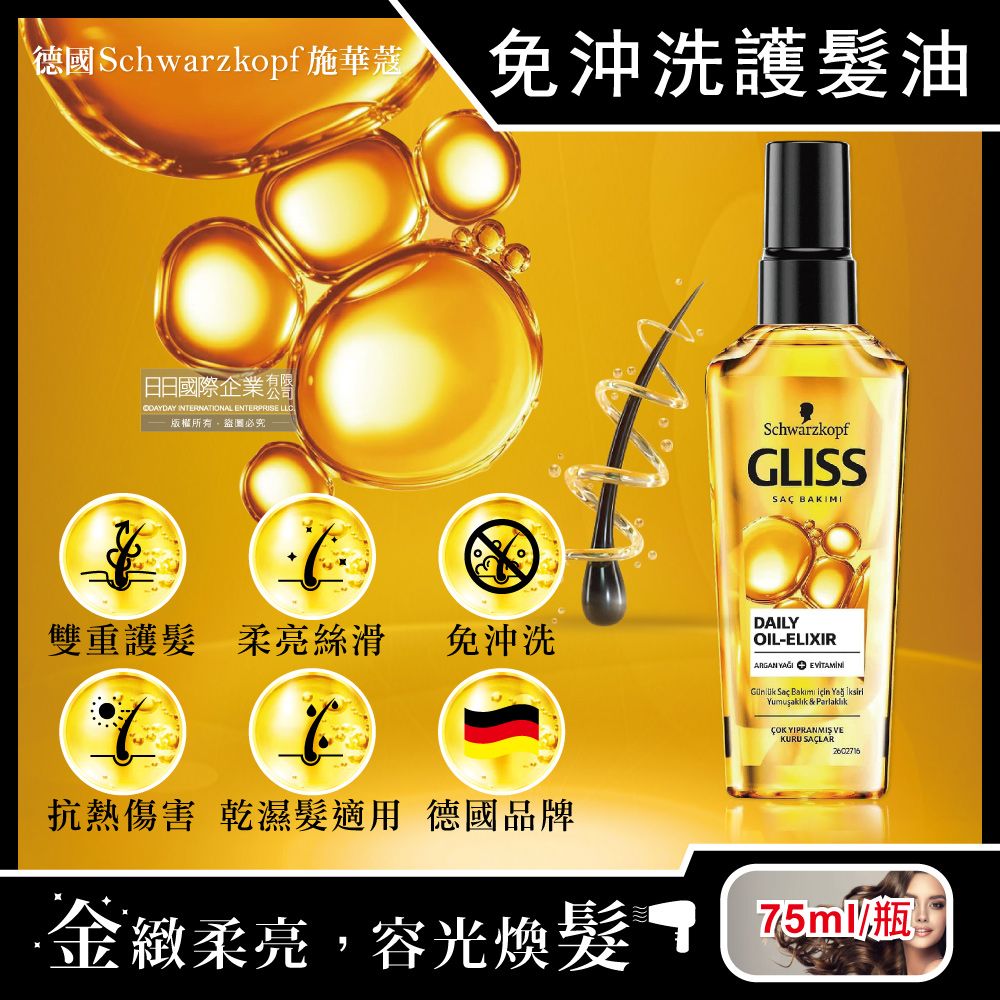 SCHWARZKOPF 施華蔻 德國-GLISS沙龍級滋養柔順免沖洗修護髮油75ml/瓶(德國小金瓶,摩洛哥堅果油髮膜,維他命E潤髮精華油,秀髮亮澤保濕安瓶)