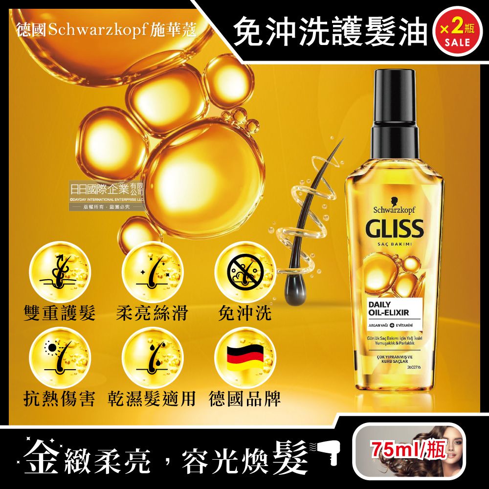 SCHWARZKOPF 施華蔻 (2瓶超值組)德國-沙龍級GLISS免沖洗修護髮油75ml/瓶(德國小金瓶,滋養柔順髮膜,潤髮精華油,秀髮保濕)