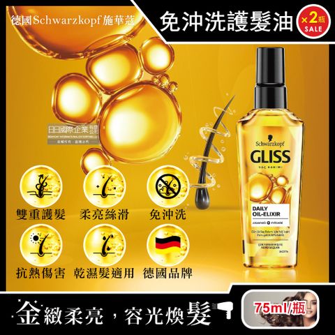 SCHWARZKOPF 施華蔻 (2瓶超值組)GLISS沙龍級滋養柔順免沖洗修護髮油75ml/瓶(德國小金瓶,摩洛哥堅果油髮膜)