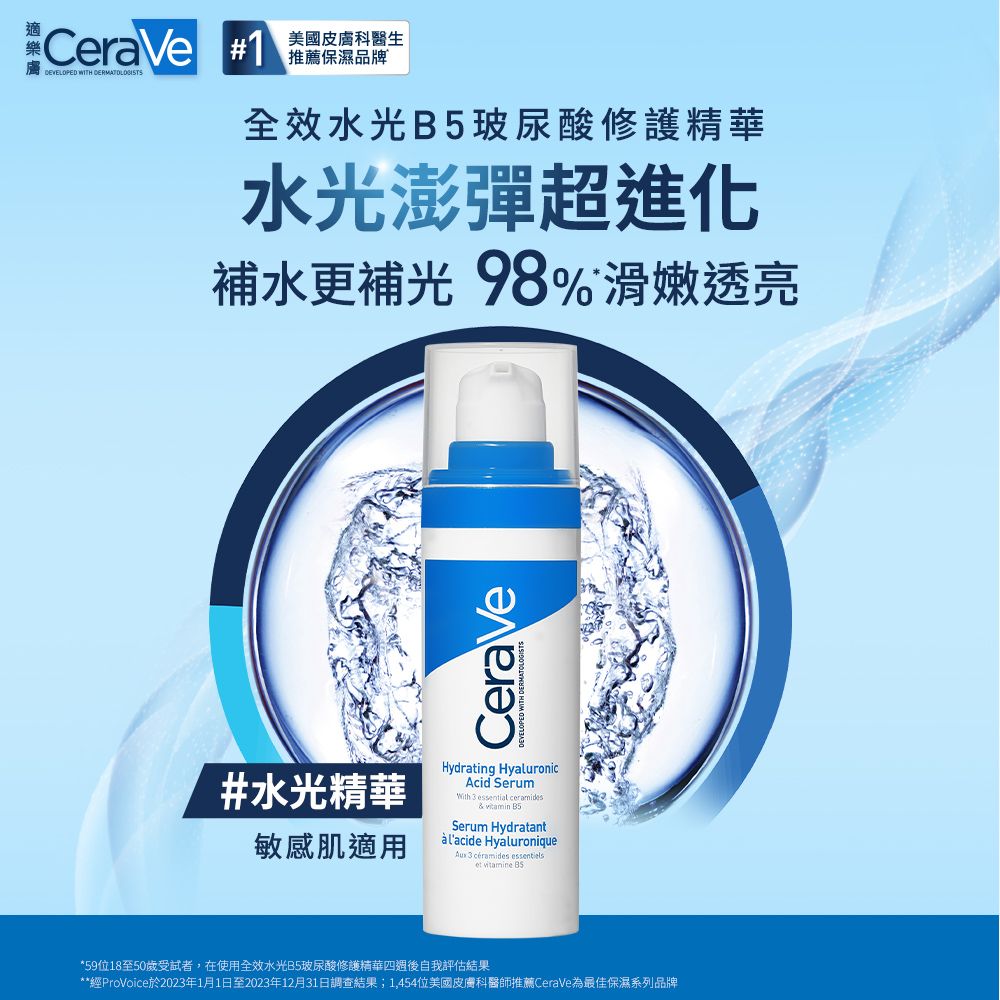 CeraVe 1美國皮膚科醫生推薦保濕品牌DEVELOPED WITH 全效水光B5玻尿酸修護精華水光澎彈超進化補水更補光 98%滑嫩透亮CeraVe#水光精華敏感肌適用Hydrating HyaluronicAcid SerumWith  essential & B5Serum Hydratant lacide Hyaluronique 3  et vitamine *59位18至50歲受試者,在使用全效水光B5玻尿酸修護精華四週後自我評估結果**經ProVoice於2023年1月1日至2023年12月31日調查結果;1,454位美國皮膚科醫師推薦CeraVe為最佳保濕系列品牌