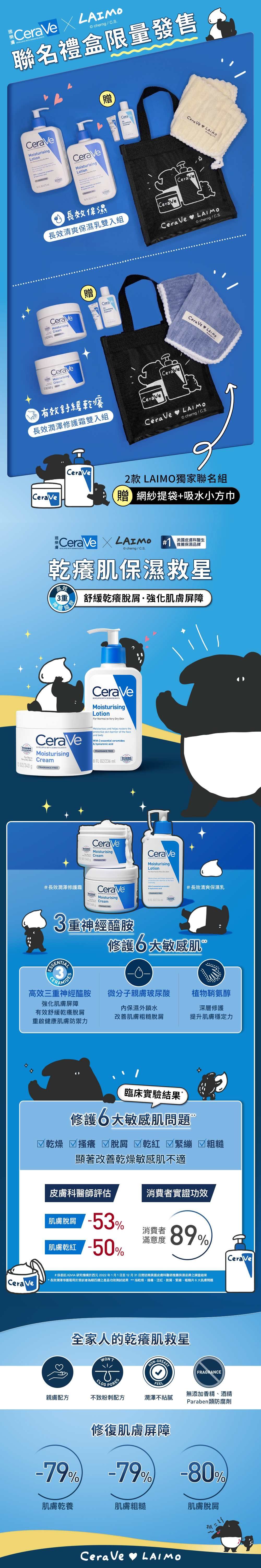 CeraVe     cherng  .聯名禮盒限量發售CeraVeMisturisingLotion    CeraVeMoisturisingLotion   長效保濕長效清爽保濕乳雙入組CeraVeMoisturisingCream贈CeraCeraVeMoisturising Cream有效舒緩乾長效潤澤修護霜雙入組CeraCeraVe CeraVeCeraVeCeraVe LAIMO©cherng / C.S. o/CeraVeCeraVeCeraVe LAIMO© cherng / C.SCeraVeCeraVe2款 LAIMO獨家聯名組贈 網紗提袋+吸水小方巾CeraVe X LAI MO WITH ©cherng/C.S.美國皮膚科醫生推薦保濕品牌乾癢保濕救星高效重舒緩乾癢·強化肌膚屏障CeraVeDEVELOPED WITH eczema Very  inCeraVeDEVELOPED WITH MoisturisingCream/  MoisturisingLotion Normal to Very Dry SkinMoisturises  helps     of the and body 3   hyaturonic FRAGRANCE   /23 mlCeraVeeczema Moisturising Cream  FREE#長效潤澤修護霜CeraVeMoisturisingCreamCeraVeMoisturisingLotionFor  Very Dry Sk and  restore theprotective skin barrier of the faceand With 3 essential ceramides&  acidFRAGRANCE FREE8FL/#長效清爽保濕乳3重神經醯胺修護6大敏感肌 高效三重神經醯胺微分子親膚玻尿酸植物鞘氨醇強化肌膚屏障有效舒緩乾癢內保濕外鎖水深層修護重啟健康肌膚防禦力肌膚粗糙脫屑提升肌膚穩定力臨床實驗結果修護6大敏感肌問題乾燥  ☑ 脫屑  ☑ 粗糙顯著乾燥敏感肌不適皮膚科醫師評估消費者實證功效肌  53%消費者滿意度89%肌膚乾肌紅%CeraVe#係委託 IQVIA 研究機構於西元2022年1月1日至12月31日間訪問美國皮膚科醫師推薦保濕品牌之調查結果*長效潤澤修護霜用於受試者為期四週之產品功效測試結果 **指乾燥、搔癢、泛紅、脫屑、緊繃、粗糙共6大肌膚問題全家人的乾癢肌救星WONT-FRAGRANCECLOGPORESFEEL無添加香精、酒精親膚配方不致粉刺配方潤澤不粘膩Paraben類防腐劑-79%-79%修復肌膚屏障-80%肌膚乾養肌膚粗糙肌膚脫屑CeraVe 抓CeraVe