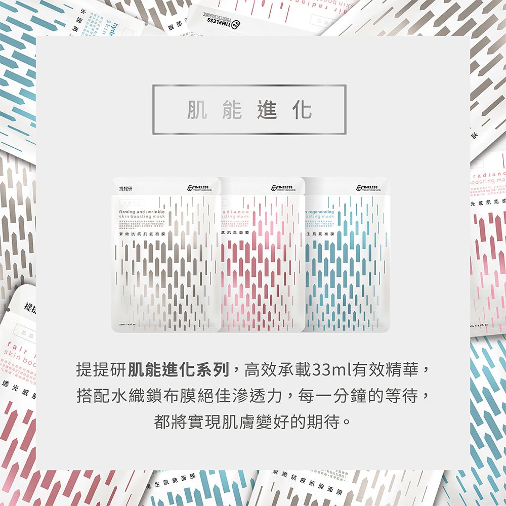 提提研frmig anti-wrinkleskin boosting maskז 肌能進化adiance maskn regeneratingosting mask提fair iskin 透光提提研肌能進化系列,高效承載33ml有效精華,搭配織鎖布膜絕佳滲透力,每一分鐘的等待,都將實現肌膚變好的期待。生肌能面膜抗痕肌radiancoosting ma光肌能