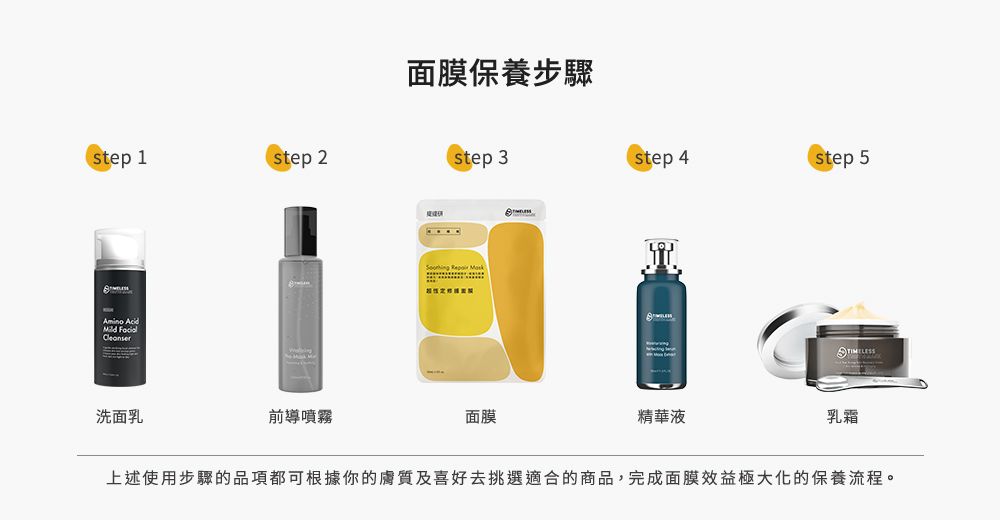 面膜保養步驟step1step 2step 3step 4step 5Amino Acid 洗面乳前導噴霧  面膜精華液乳霜上述使用步驟的品項都可根據你的膚質及喜好去挑選適合的商品,完成面膜效益極大化的保養流程。