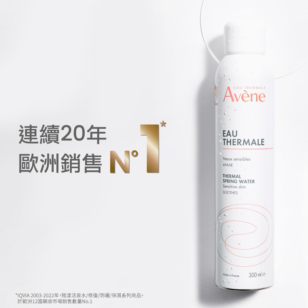 EAU THERMALEAvène連續20年歐洲銷售 NEAUTHERMALEPeaux sensiblesAPAISETHERMALSPRING WATERSensitive skinSOOTHES*IQVIA 2003-2022年,雅漾活泉水/修復/防曬/保濕系列商品,於歐洲12國藥市場銷售數量 in France300mlea