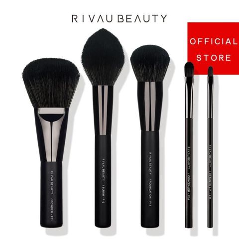 RIVAU BEAUTY 【南紡購物中心】  / 高級纖維混羊毛黑色臉部刷具5隻組 | 化妝刷具 刷具組 粉底刷 蜜粉刷 腮紅刷 唇刷 遮瑕刷