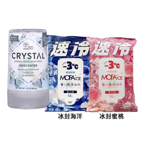 【南紡購物中心】 【夏日必備】CRYSTAL 礦物淨味棒 體香石 40g+魔飛香氛酷涼冰巾 18抽