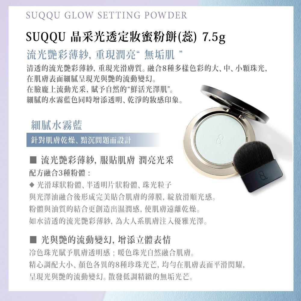 SUQQU GLOW SETTING POWDERSUQQU 晶采光透定粉餅(蕊) 7.5g流光艷彩薄紗,重現潤亮“無垢肌”清透的流光艷彩薄紗,重現光滑膚質。融合8種多樣色彩的大中小顆珠光,在肌膚表面細膩呈現光與艷的流動變幻。在臉龐上流動光采,賦予自然的“鮮活光澤肌”。細膩的水霧藍色同時增添透明、乾淨的妝感印象。細膩水霧藍針對肌膚乾燥、黯沉問題而設計流光艷彩薄紗, 服肌膚 潤亮光采配方融合3種粉體: 光滑球狀粉體、半透明片狀粉體、珠光粒子與光澤油融合後形成完美貼合肌膚的薄膜,滑順光感。粉體與油質的結合更創造出濕潤感,使肌膚遠離乾燥。如水清透的流光艷彩薄紗,為大人系肌膚注入優雅光澤。光與艷的流動變幻,增添立體表情冷色珠光賦予肌膚透明感;暖色珠光自然融合肌膚。精心調配大小、顏色各異的8種珍珠光芒,均勻在肌膚表面平滑閃耀,呈現光與艷的流動變幻。散發低調精緻的無垢光芒。