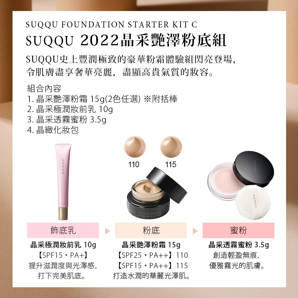 SUQQU TION STARTER KIT CSUQQU 2022晶采澤粉底SUQQU史上豐潤極致的豪華粉霜體驗組閃亮登場,令肌膚盡享奢華亮麗,盡顯高貴氣質的。組合內容1. 晶采艷澤粉霜15g(2色任選)※附括棒2. 晶采極潤前乳 10g3. 晶采透霧蜜粉 3.5g4. 晶緻化妝包飾底乳晶采極潤妝前乳 10g【SPF15PA+】提升滋潤度與光澤感,打下完美肌底。110115  FOUNDA粉底晶采艷澤粉霜 15g【SPF25 PA++】110【SPF15PA++】115打造水潤的華麗光澤肌。蜜粉晶采透霧蜜粉3.5g創造輕盈無痕,優雅霧光的肌膚。