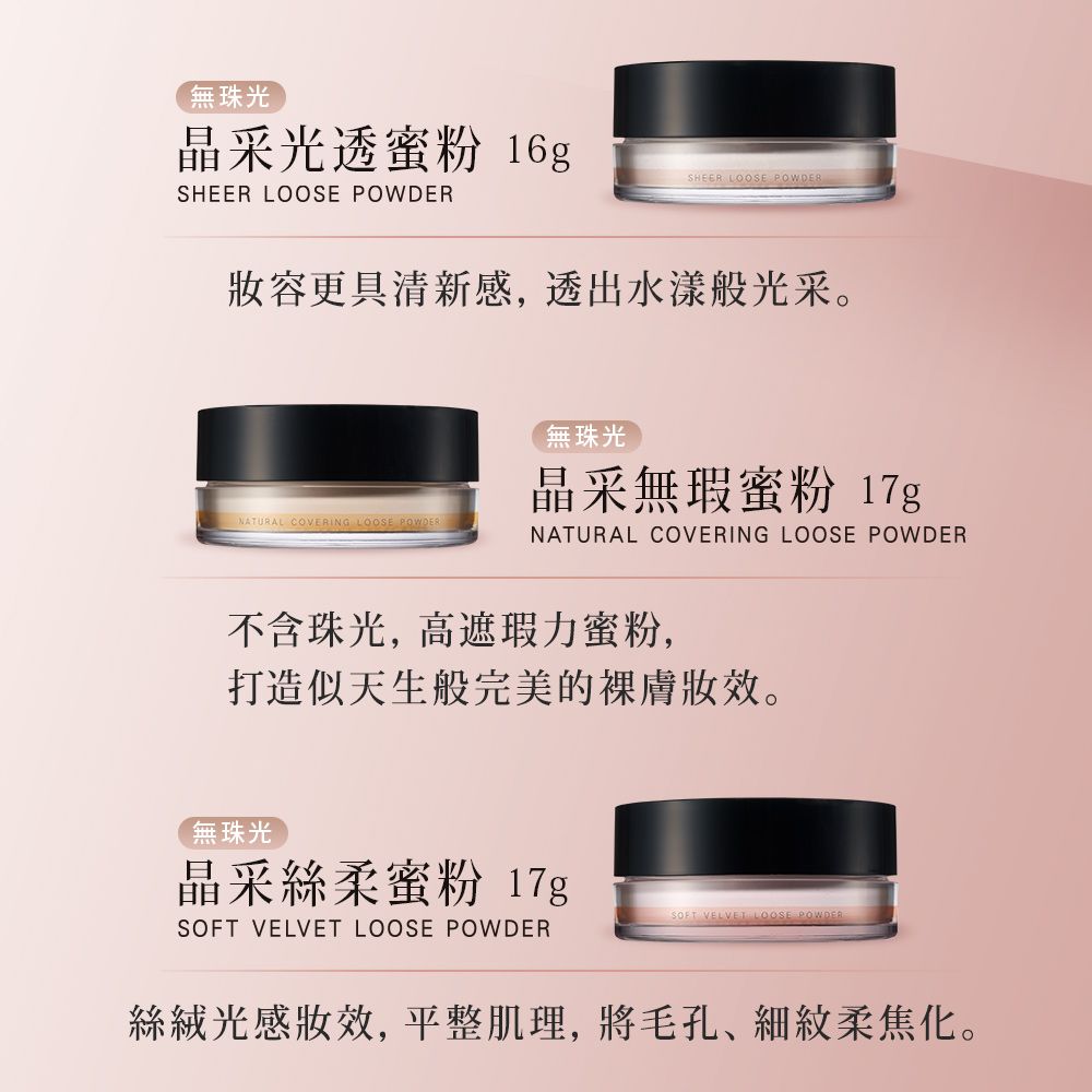 無珠光晶采光透蜜粉 16gSHEER LOOSE POWDERSHEER LOOSE POWDER妝容更具清新感,透出水漾般光采。NATURAL COVERING LOOSE POWDER無珠光晶采無瑕蜜粉 17gNATURAL COVERING LOOSE POWDER不含珠光,高遮瑕力蜜粉,打造似天生般完美的。無珠光晶采絲柔蜜粉 17g VELVET LOOSE POWDERSOFT VELVET LOOSE POWDER絲絨光感,平整肌理,將毛孔、柔焦化。