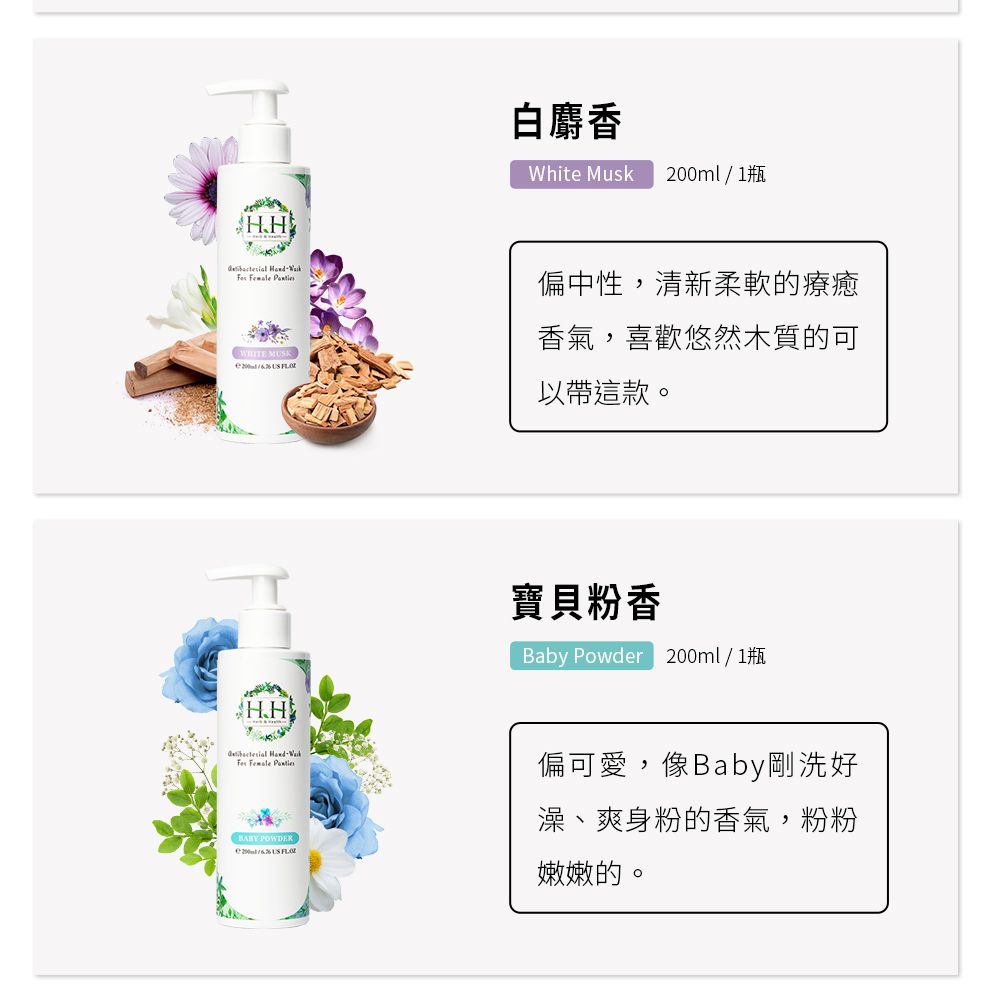 H.H白麝香White Musk 200ml  1瓶    MK/ 偏中性,清新柔軟的療癒香氣,喜歡悠然木質的可以帶這款。H.H寶貝粉香Baby Powder 200ml / 1瓶    POWDER US 偏可愛,像Baby剛洗好澡、爽身粉的香氣,粉粉嫩嫩的。