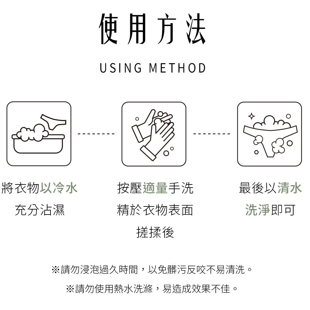 使用方法USING METHOD將衣物以冷水按壓適量手洗最後以清水充分沾濕精於衣物表面搓揉後洗淨即可※請勿浸泡過久時間,以免髒污反咬不易清洗。※請勿使用熱水洗滌,易造成效果不佳。