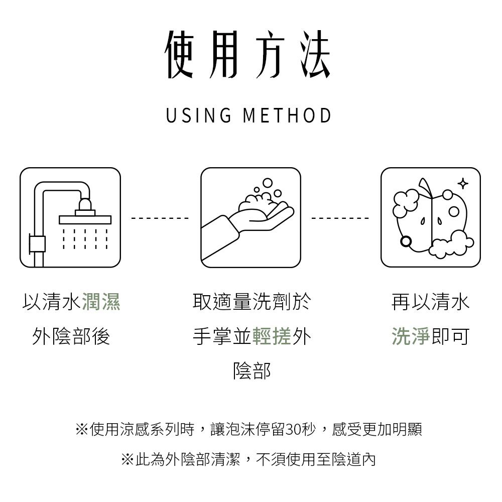 使用方法USING METHOD以清水潤濕取適量洗劑於再以清水外陰部後手掌並輕搓外洗淨即可陰部※使用涼感系列時,讓泡沫停留30秒,感受更加明顯※此為外陰部清潔,不須使用至陰道內