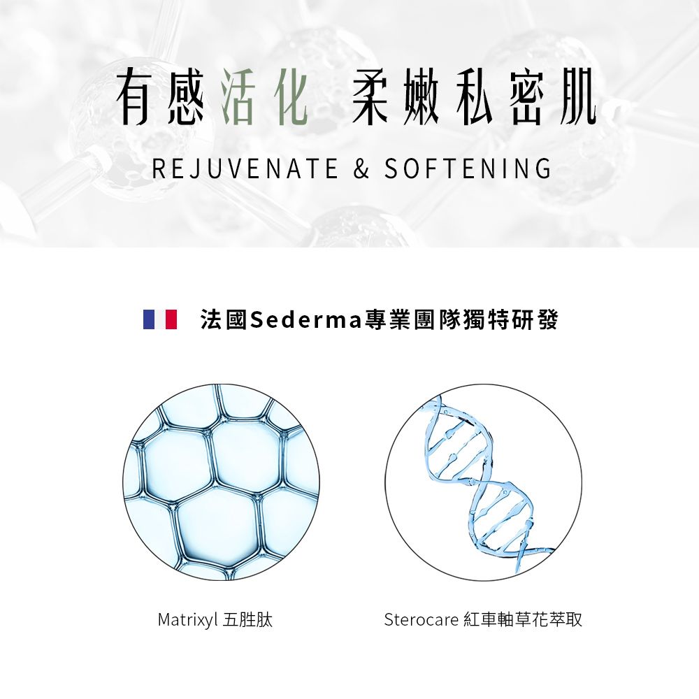有感活化 柔嫩私密肌REJUVENATE & SOFTENING 法國Sederma專業團隊獨特研發Matrixyl 五胜肽Sterocare 紅車軸草花萃取