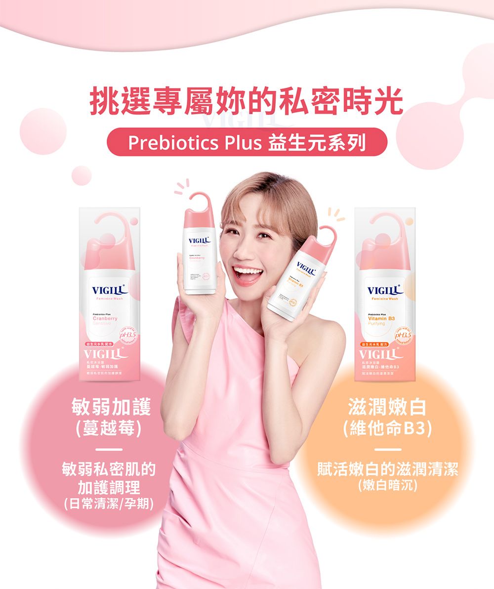 挑選專屬的私密時光Prebiotics Plus 系列CranberrypH3VIGILLVIGILLVIGILLVIGILL Vitamin pH3.5益生元水VIGILLB3敏弱加護(蔓越莓)敏弱私密肌的加護調理(日常清潔孕期)滋潤嫩白(維他命B3)賦活嫩白的滋潤清潔(嫩白暗沉)