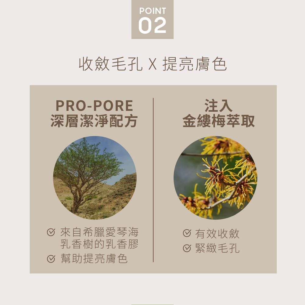 POINT02收斂毛孔 X 提亮膚色PRO-PORE注入深層潔淨配方金縷梅萃取 來自希臘愛琴海 有效收斂乳香樹的乳香膠 緊緻毛孔 幫助提亮膚色