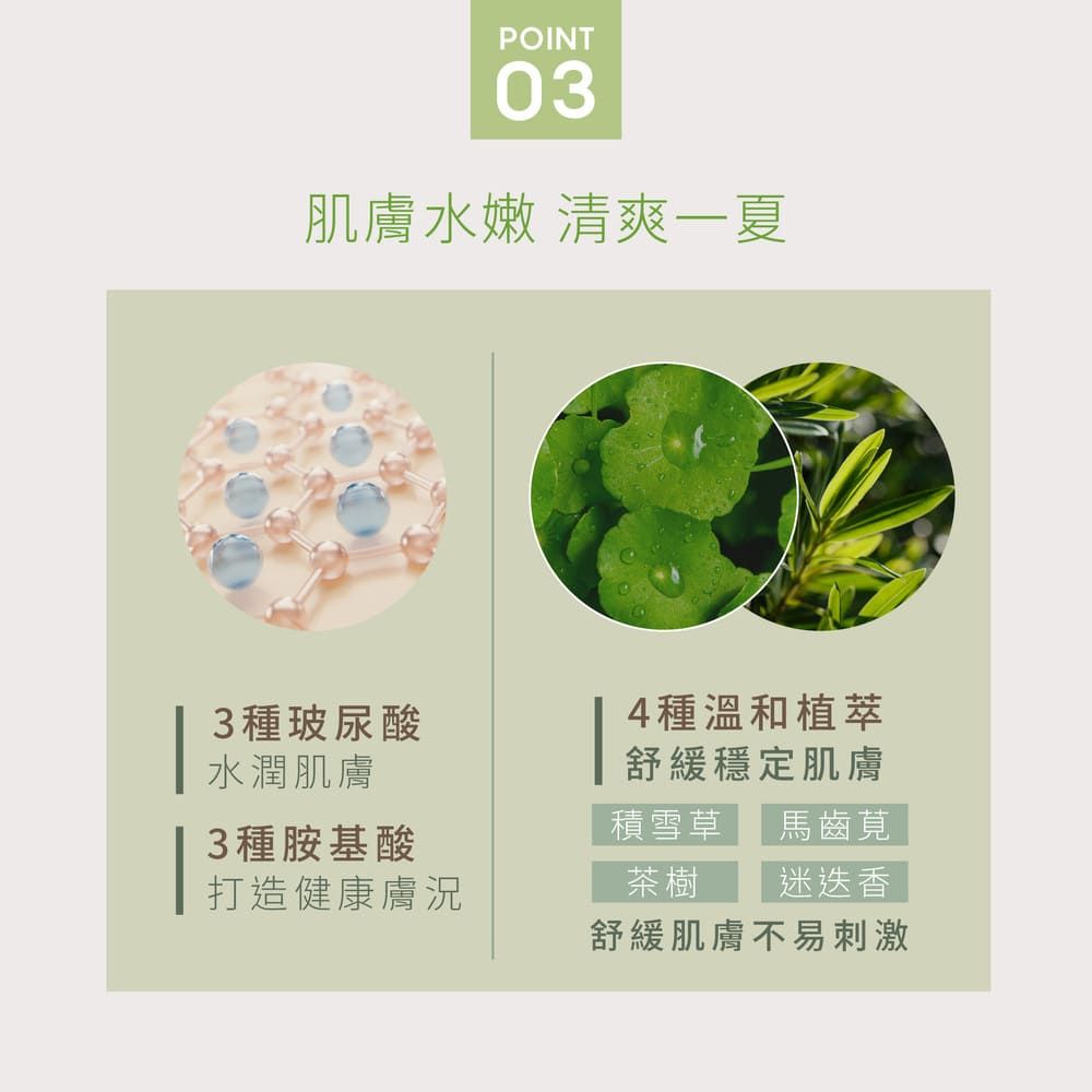 POINT03肌膚水嫩 清爽一夏3種玻尿酸4種溫和植萃水潤肌膚舒緩穩定肌膚3種胺基酸打造健康膚況積雪草 馬齒莧茶樹 迷迭香舒緩肌膚不易刺激