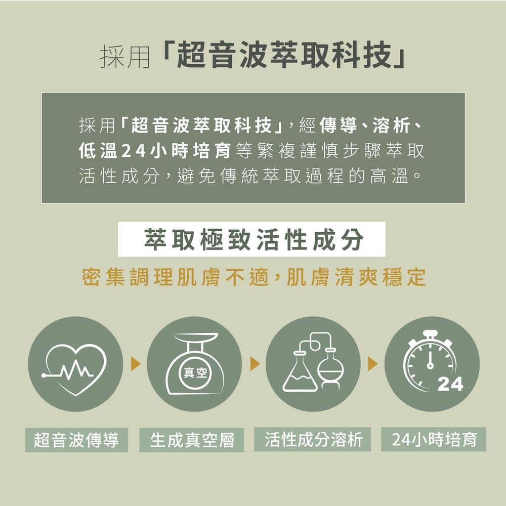 採用超音波萃取科技採用「超音波萃取科技,經傳導、溶析、低溫24小時培育等繁複謹慎步驟萃取活性成分,避免傳統萃取過程的高溫。萃取極致活性成分密集調理肌膚不適,肌膚清爽穩定真空24超音波傳導生成真空層 活性成分溶析24小時培育