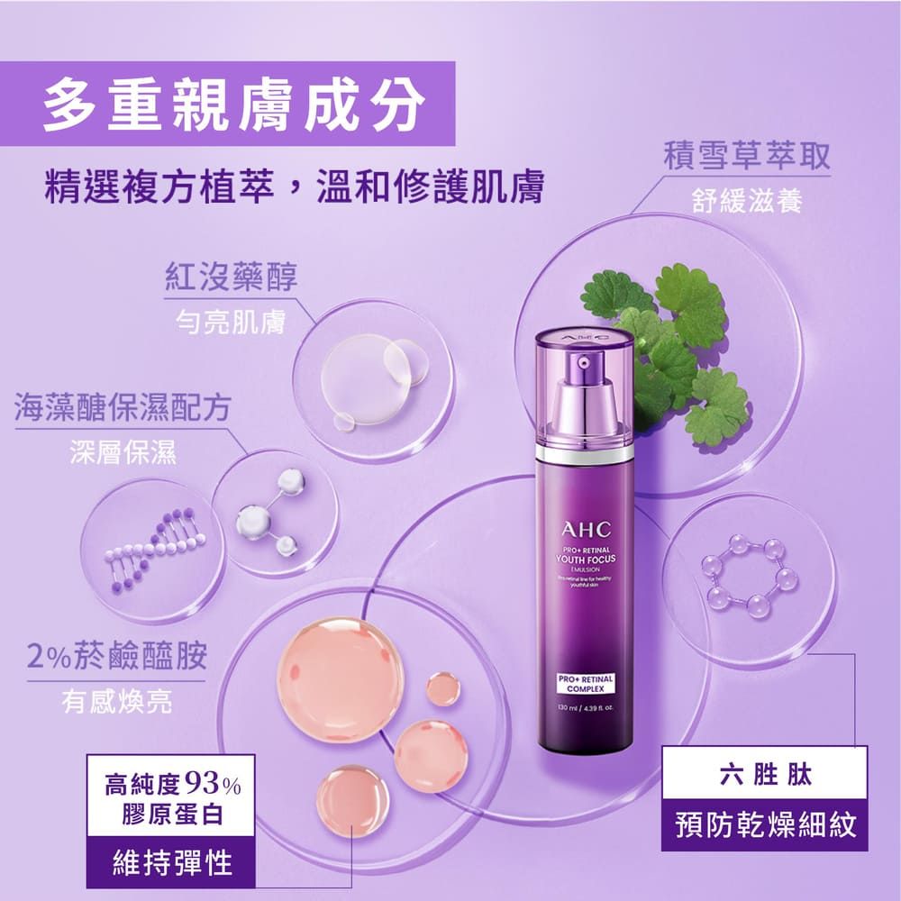 多重親膚成分積雪草萃取精選複方植萃,溫和修護肌膚舒緩滋養紅沒藥醇勻亮肌膚海藻醣保濕配方深層保濕2%菸鹼醯胺有感亮高純度93%膠原蛋白維持彈性AHCPRO RETINALYOUTH FOCUSPRO RETINALCOMPLEX  六胜肽預防乾燥細紋