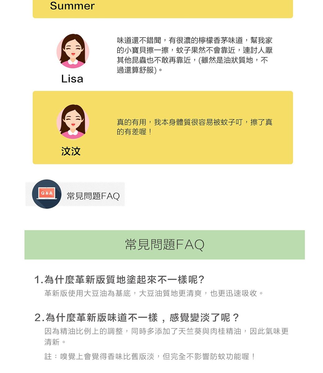 SummerLisa汶汶Q&A 常見問題FAQ味道還不錯聞,有很濃的檸檬香茅味道,幫我家的小寶貝擦一擦,蚊子果然不會靠近,連討人厭其他昆蟲也不敢再靠近,(雖然是油狀質地,不過還算舒服)。真的有用,我本身體質很容易被蚊子叮,擦了真的有差喔!常見問題FAQ1.為什麼革新版質地塗起來不一樣呢?革新版使用大豆油為基底,大豆油質地更清爽,也更迅速吸收。2.為什麼革新版味道不一樣,感覺變淡了呢?因為精油比例上的調整,同時多添加了天竺葵與肉桂精油,因此氣味更清新。註:嗅覺上會覺得香味比舊版淡,但完全不影響防蚊功能喔!