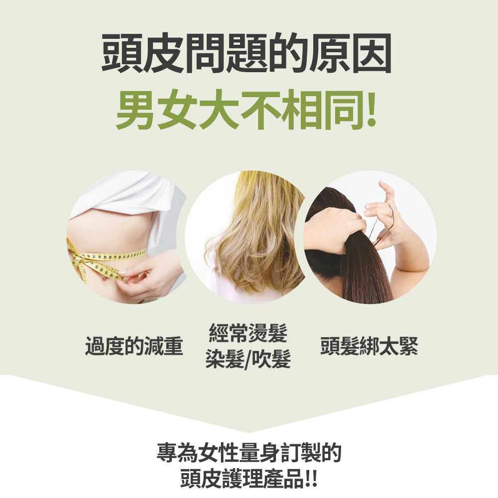 頭皮問題的原因男女大不相同!經常燙髮過度的減重頭髮綁太緊染髮/吹髮專為女性量身訂製的頭皮護理產品!!