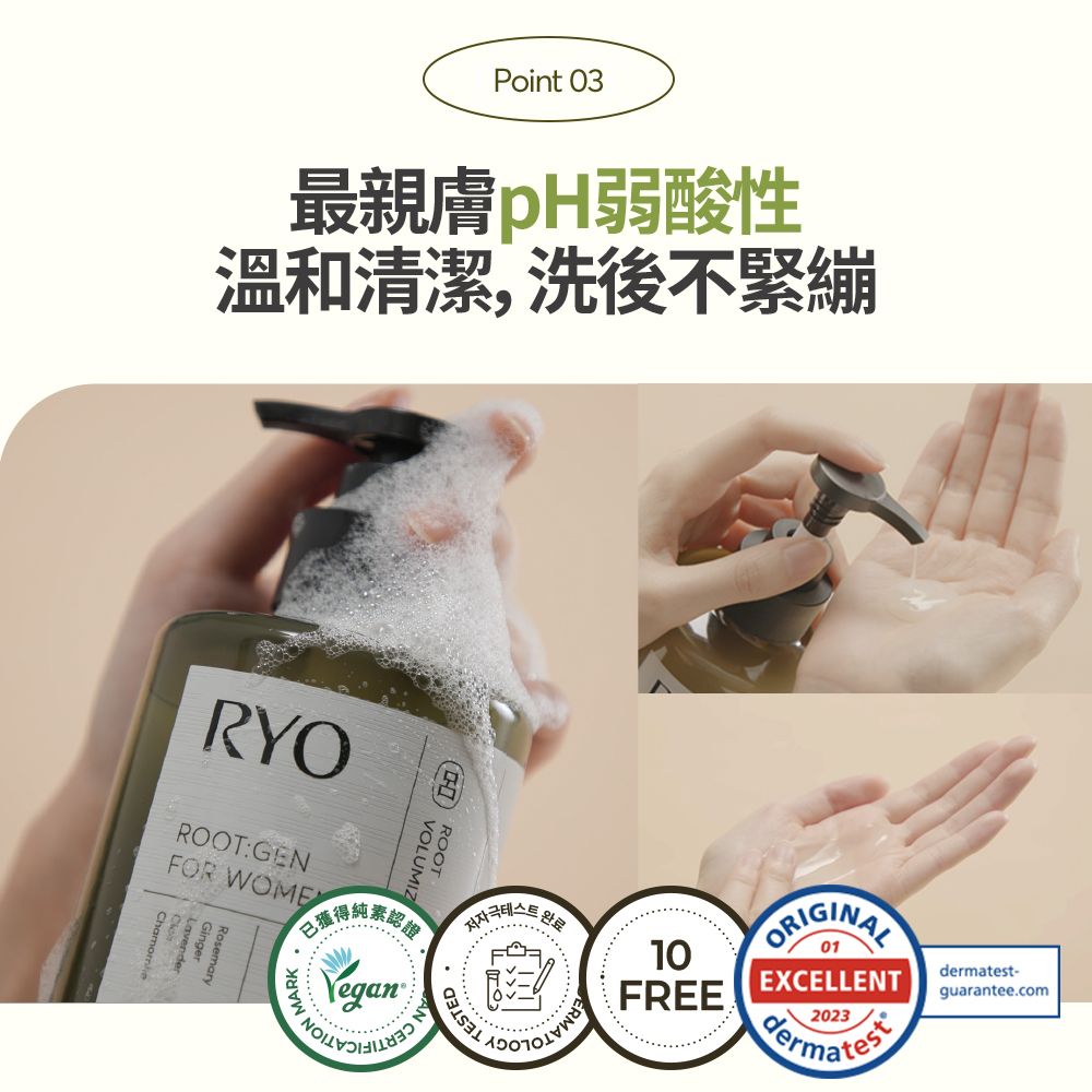 Point 03最親膚pH弱酸性溫和清潔,洗不緊繃RYOROOT:GENFOR WOMEVOLUMIZROOT得純素.已獲後 MARK 10ORIGINALTESTEDFREEEXCELLENTt-guarantee.comdermates