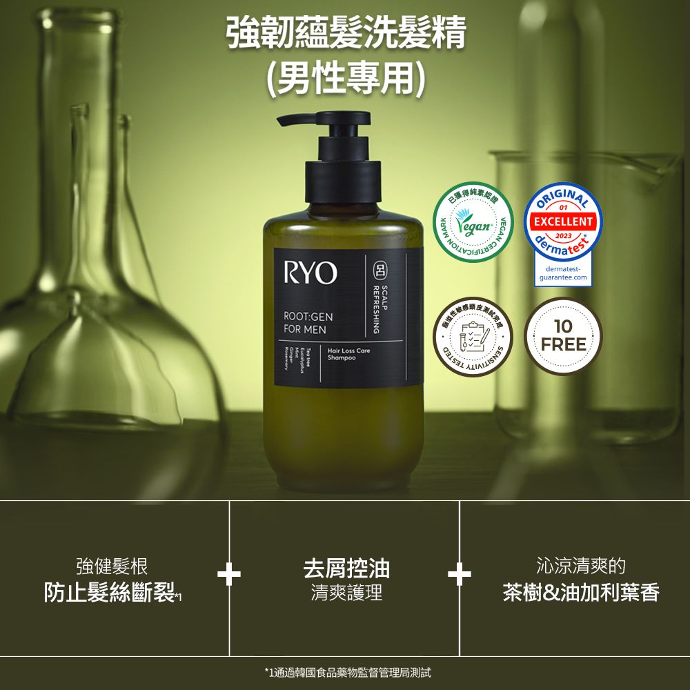 強韌蘊洗髮精(男性專用)RYOSCALDCHREFRESHINGROOT:GENFOR MEN Loss CareShampooORIGINAL EXCELLENT2023dermatest-guaranteecom10. FREE.強健髮根去屑控油防止髮絲斷裂清爽護理沁涼清爽的茶樹&油加利葉香*1通過韓國食品藥物監督管理局測試