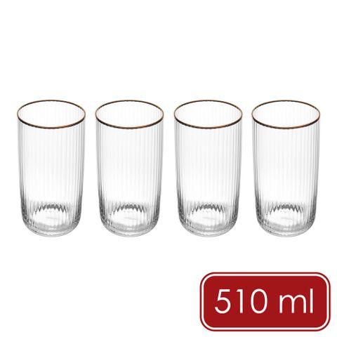 《Mikasa》Sorrento水晶玻璃高球杯4入(金邊豎紋510ml)