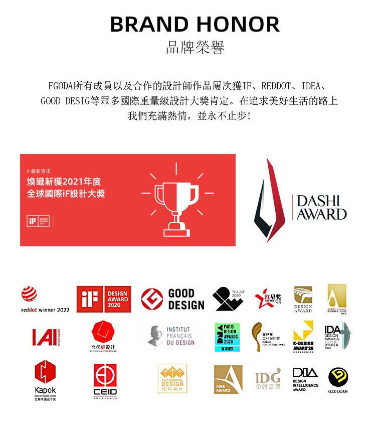 BRAN HONOR品牌榮譽FGODA所有成員以及合作的設計師作品屢次獲IF、RDDOT、IDEA、 DESIG等眾多國際重量級設計大肯定。在追求美好生活的路上我們充滿熱情,並永不止步!#最新资讯識斬獲2021年度全球國際iF設計大獎reddot winner 2022AWARD2020DASHIAWARDGOODDESIGN红星奖DESIGNAWARDE PARISINSTITUTFRANÇAISDESIGNAWARDSDU DESIGN2020KDESIGN当代好-20DDESIGNKapok金獎CEID设计AWARDIDG DESIGNINTELLIGENCEAWARDIDAGOOD