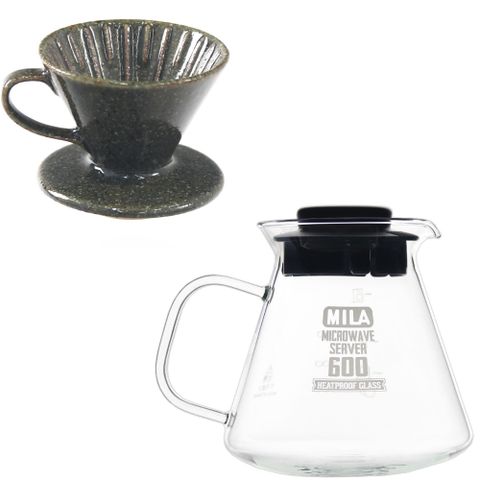 MILA 日本製 織部燒 咖啡濾杯02-鐵織部釉+耐熱玻璃壺600ml