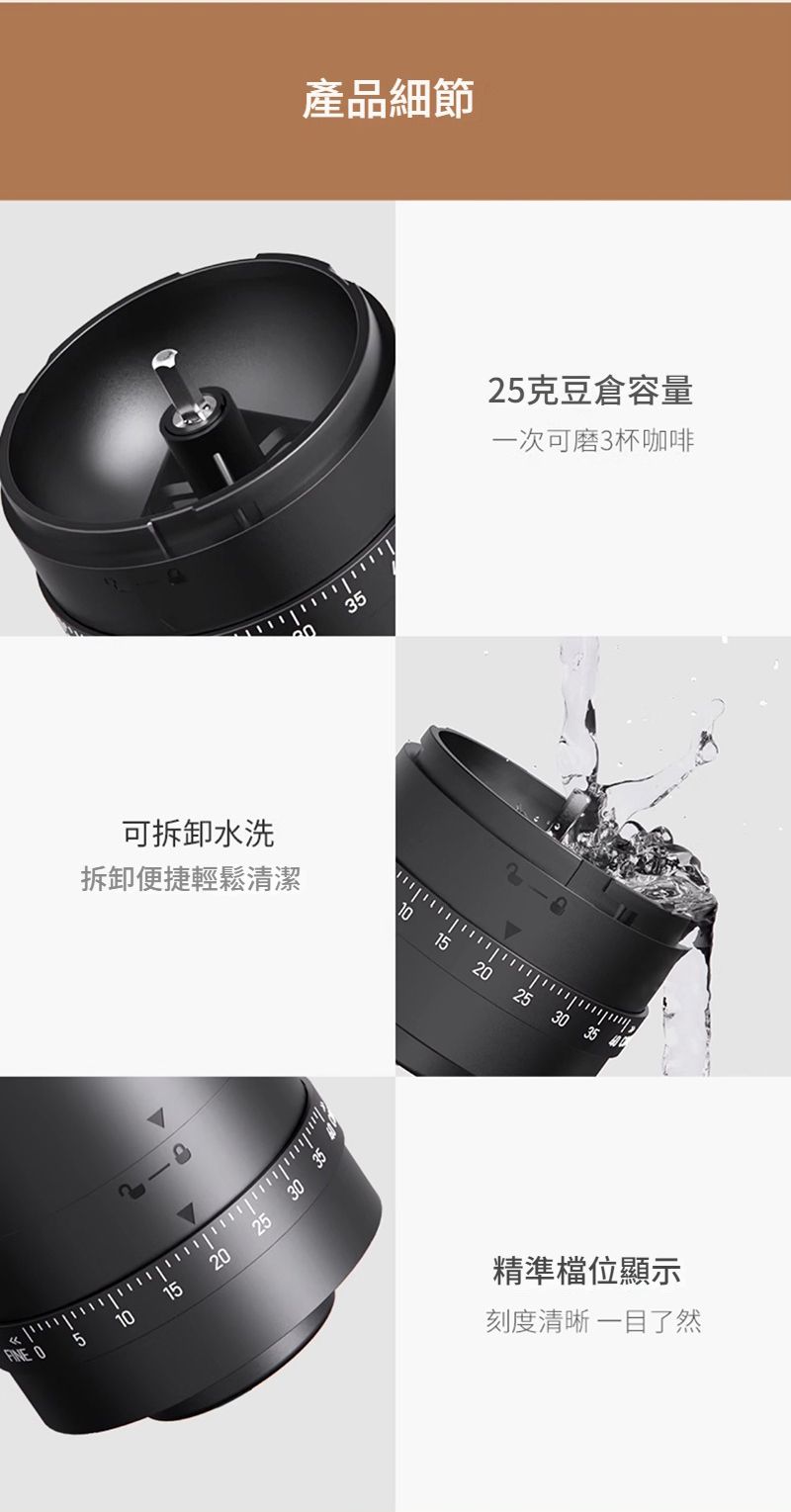 可拆卸水洗拆卸便捷輕鬆清潔 1520 25產品細節351015 2025克豆倉容量一次可磨3杯咖啡25 30 35精準檔位顯示刻度清晰一目了然