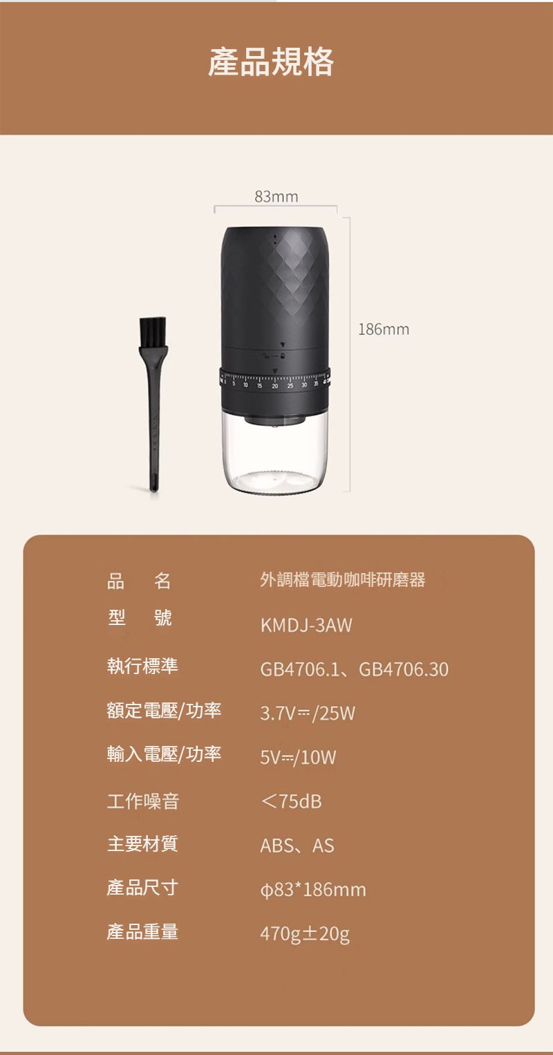 產品規格83mm186mm品 外調檔電動咖啡研磨器型號執行標準KMDJ-3AWGB4706.1、GB4706.30額定電壓功率3.7V /25W輸入電壓/功率/10W工作噪音75dB主要材質ABS、AS產品尺寸83*186mm產品重量470g±20g