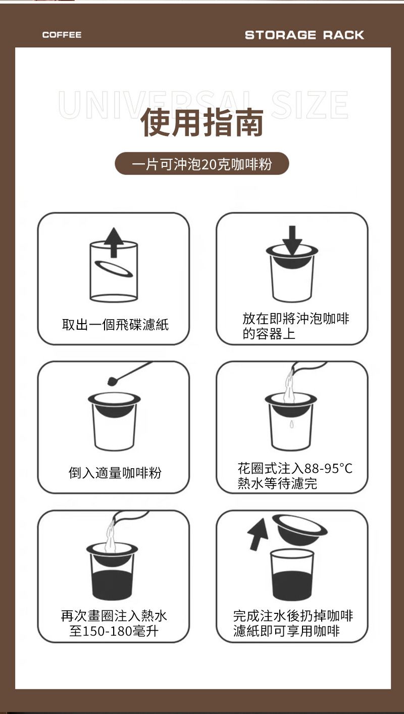 COFFEESTORAGE RACK SIZE使用指南一片可沖泡2克咖啡粉取出一個飛碟濾紙放在即將沖泡咖啡的容器上0倒入適量咖啡粉花圈式注入88-95熱水等待濾完再次畫圈注入熱水至150-180毫升完成注水後扔掉咖啡濾紙即可享用咖啡