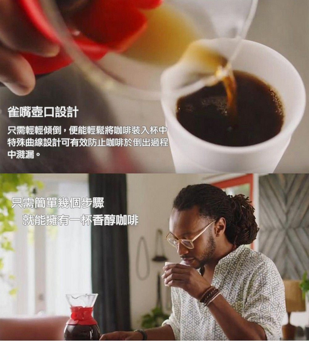 雀嘴壺口設計只需輕輕傾倒,便能輕鬆將咖啡杯中特殊曲線設計可有效防止咖啡於倒出過程中濺漏。只需簡單幾個步驟就能擁有一杯香醇咖啡