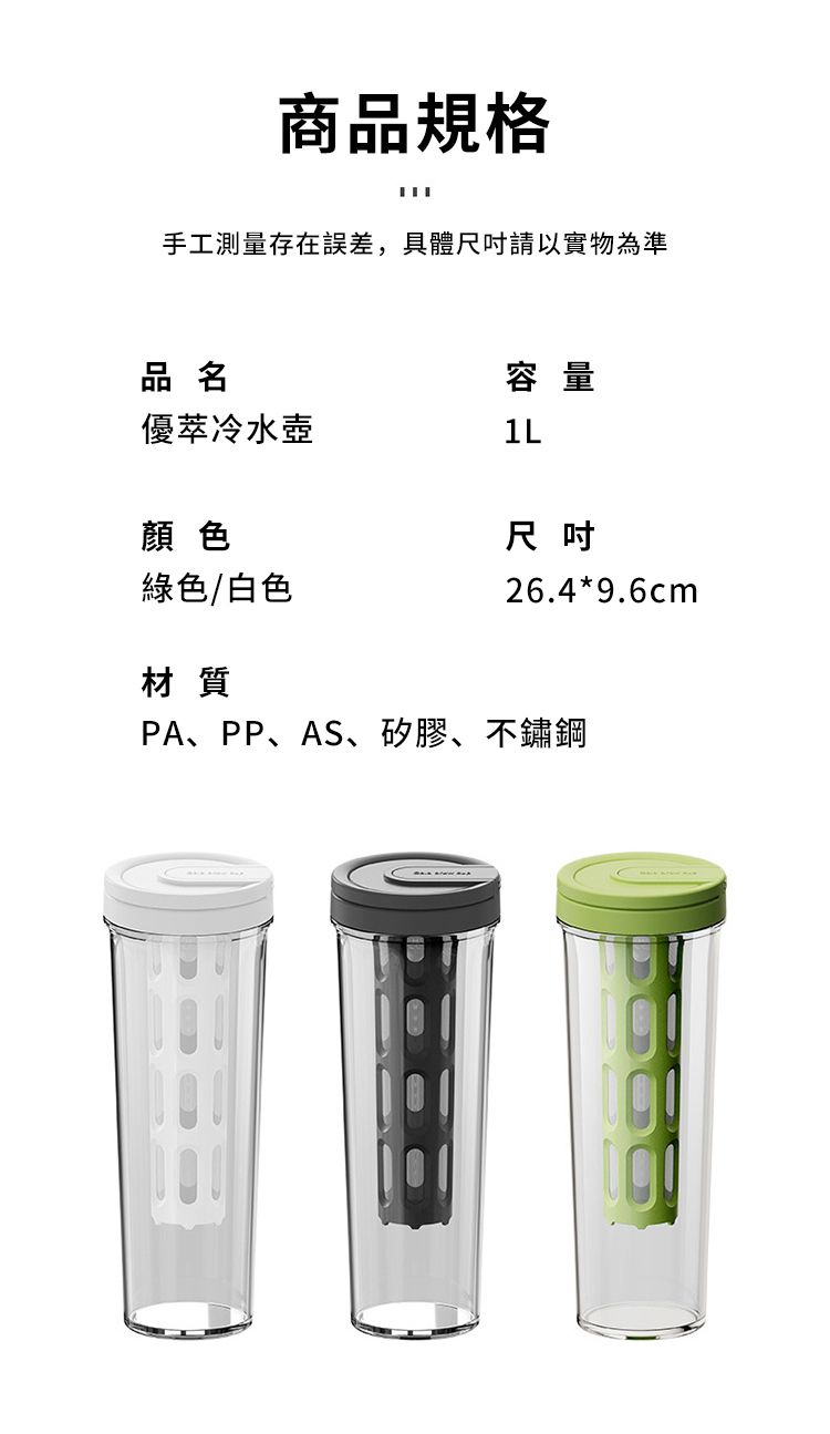 商品規格手工測量存在誤差,具體尺吋請以實物為準品名容量優萃冷水壺顏色尺吋綠色/白色26.4*9.6cm材質PA、PP、AS、矽膠、不鏽鋼