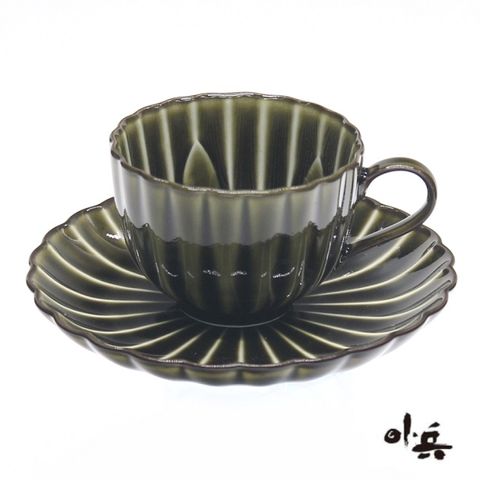 日本製 美濃燒小兵窯陶瓷咖啡杯盤-綠色